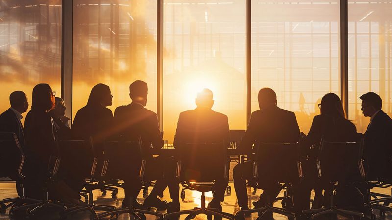 Silhouetted business meeting at sunset in skyscraper office with large windows.
