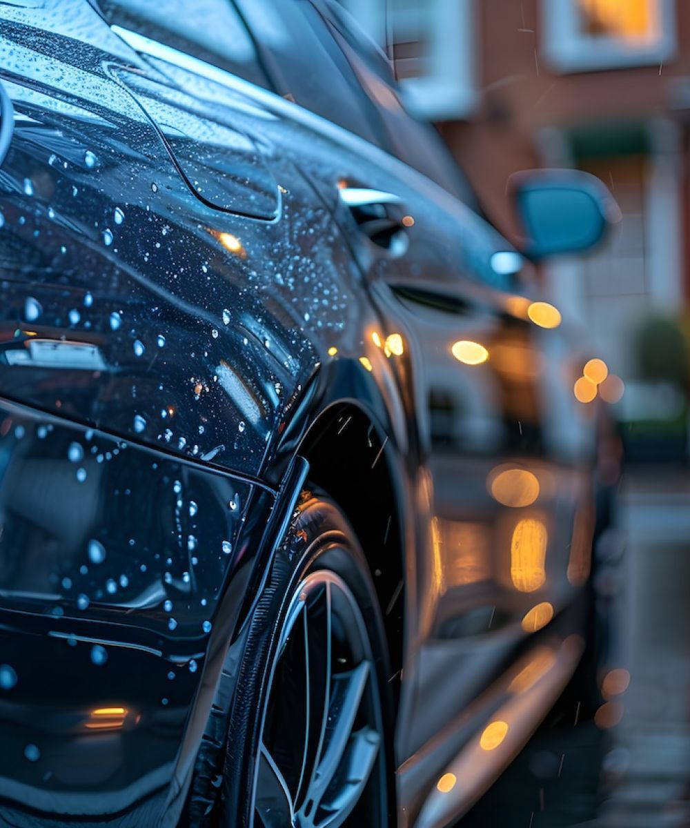Sleek car in rainy street with blurred lights, highlighting wet reflections and luxurious design.