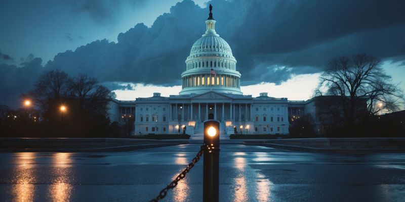 Capitol Building at dusk with dramatic clouds and streetlights illuminating the scene.