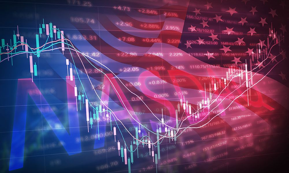 Stock market graph with USA flag overlay, showing growth and trends in financial data.