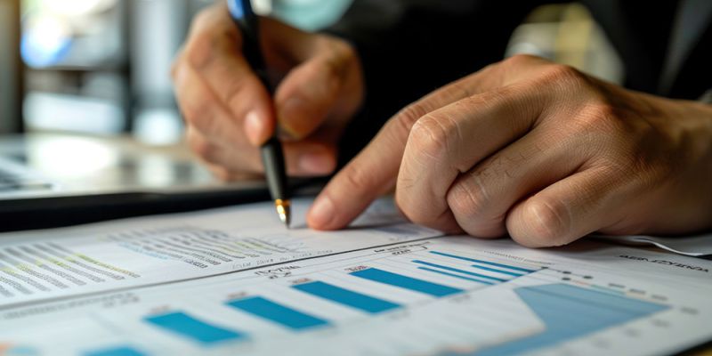 Person analyzing financial data charts with pen, close-up view, highlighting business planning and decision-making.