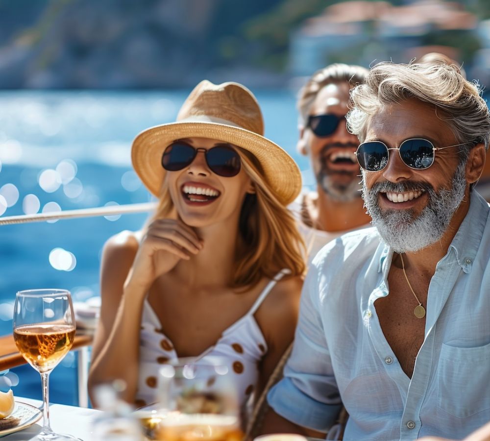 Smiling friends enjoying a sunny day on a yacht with food and drinks, ocean and scenery in the background.