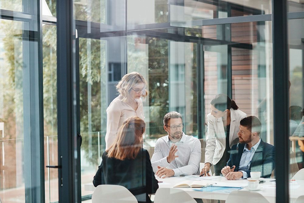 Team collaborating in a modern office meeting room with large windows and bright natural light.