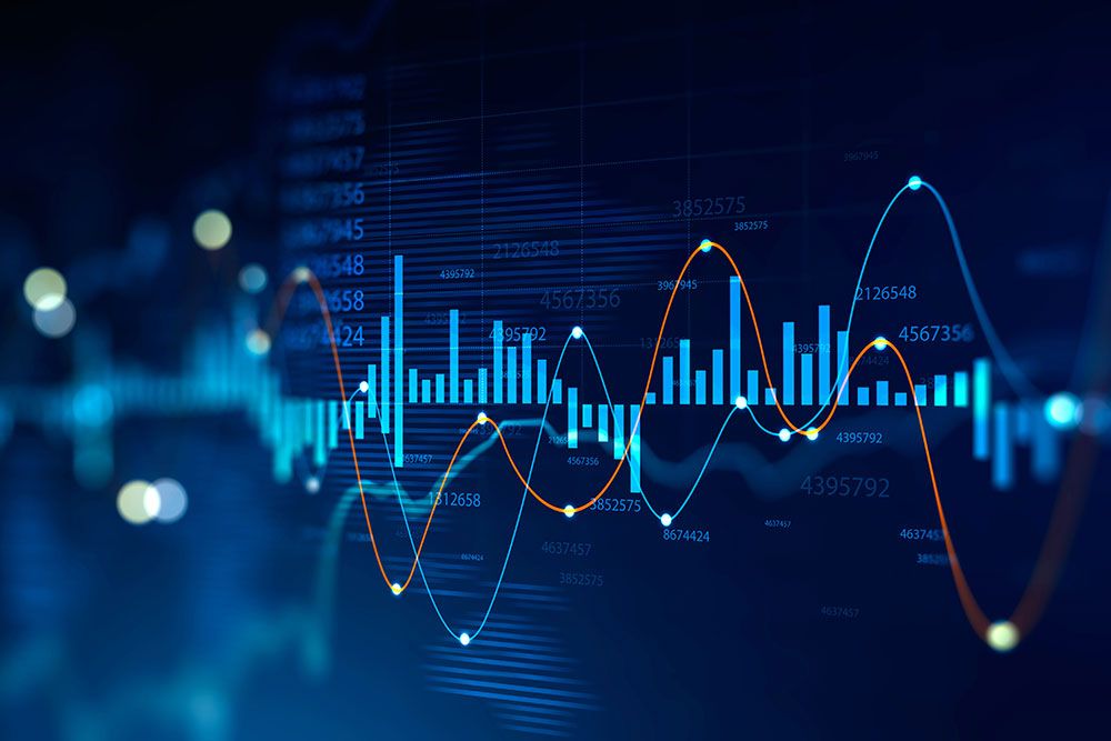Abstract financial charts with glowing data lines and bar graphs on a blue background, illustrating market trends.