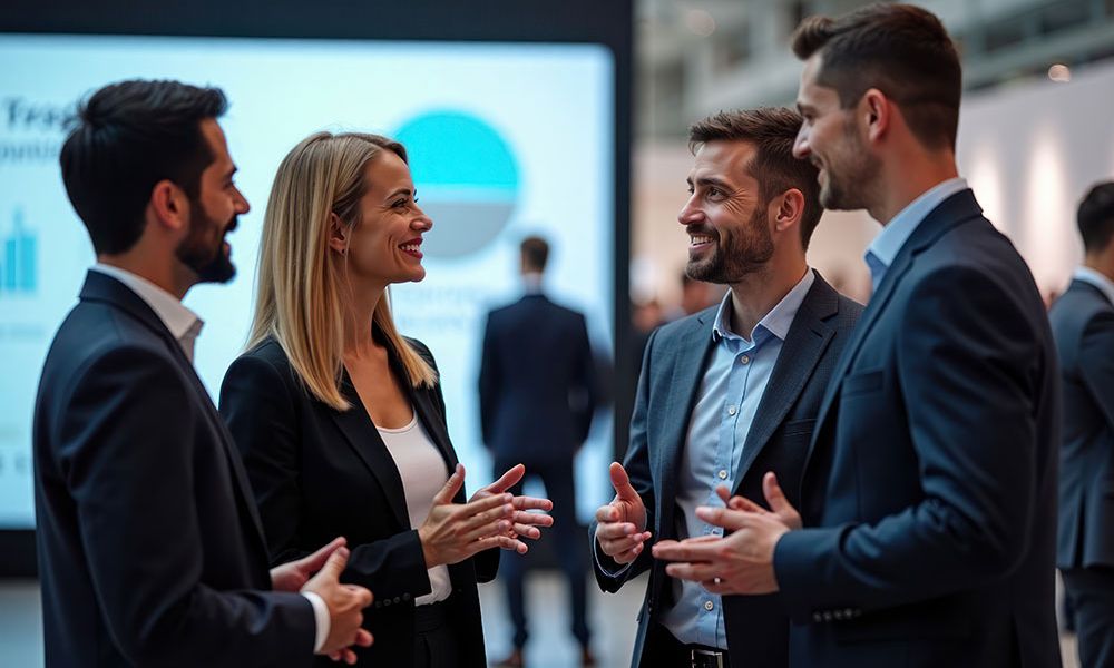 Business professionals networking at a conference, engaged in lively conversation, smiling and dressed in formal attire.