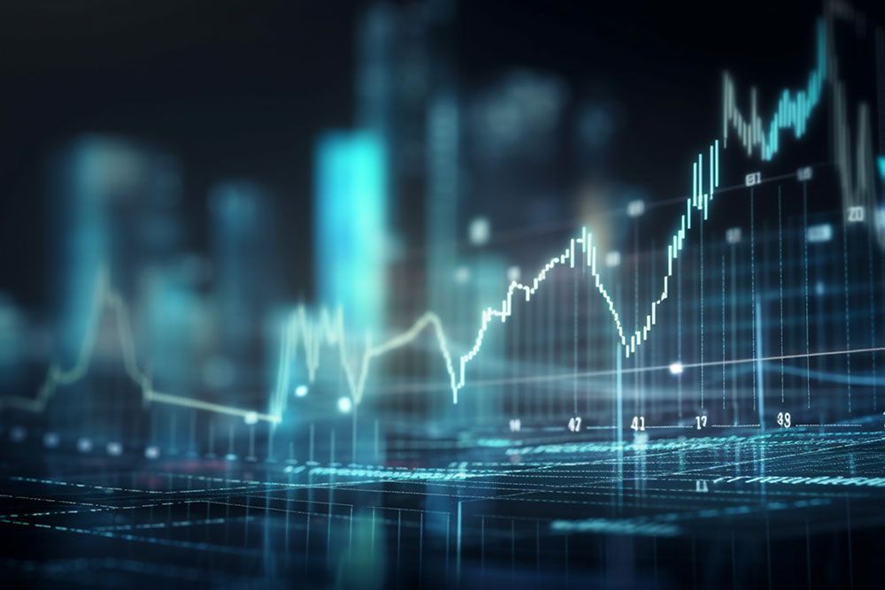 Abstract financial graph on digital screen depicting market trends and data analytics in a futuristic cityscape.