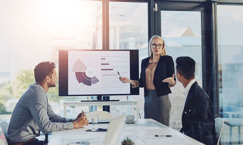 Business presentation in modern office with graphs on screen.