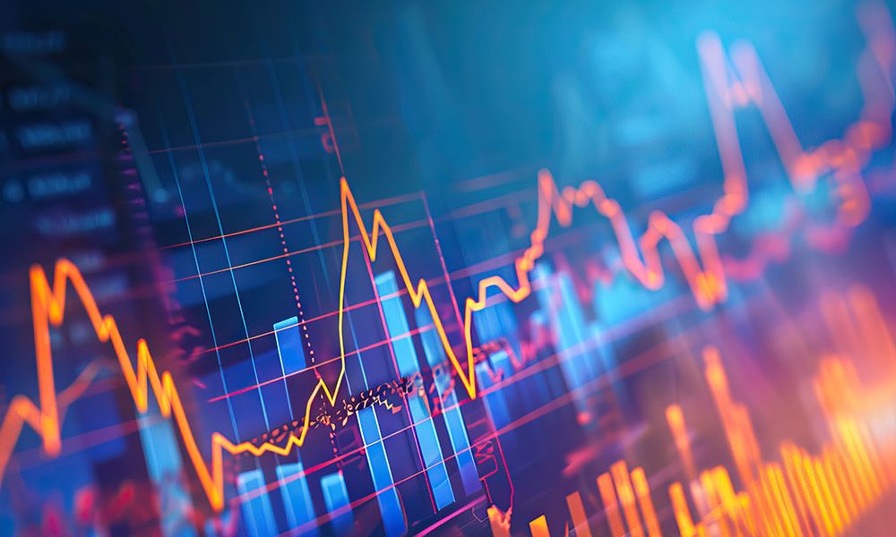 Colorful financial stock market graph and charts for business analysis.