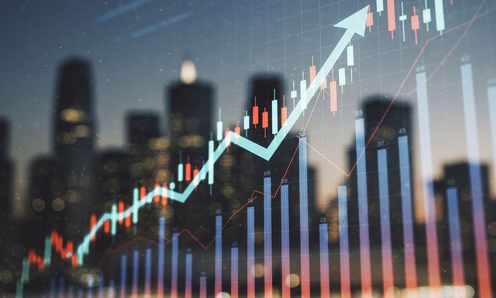 Rising stock market chart with upward arrow overlaying a cityscape, symbolizing financial growth and success.