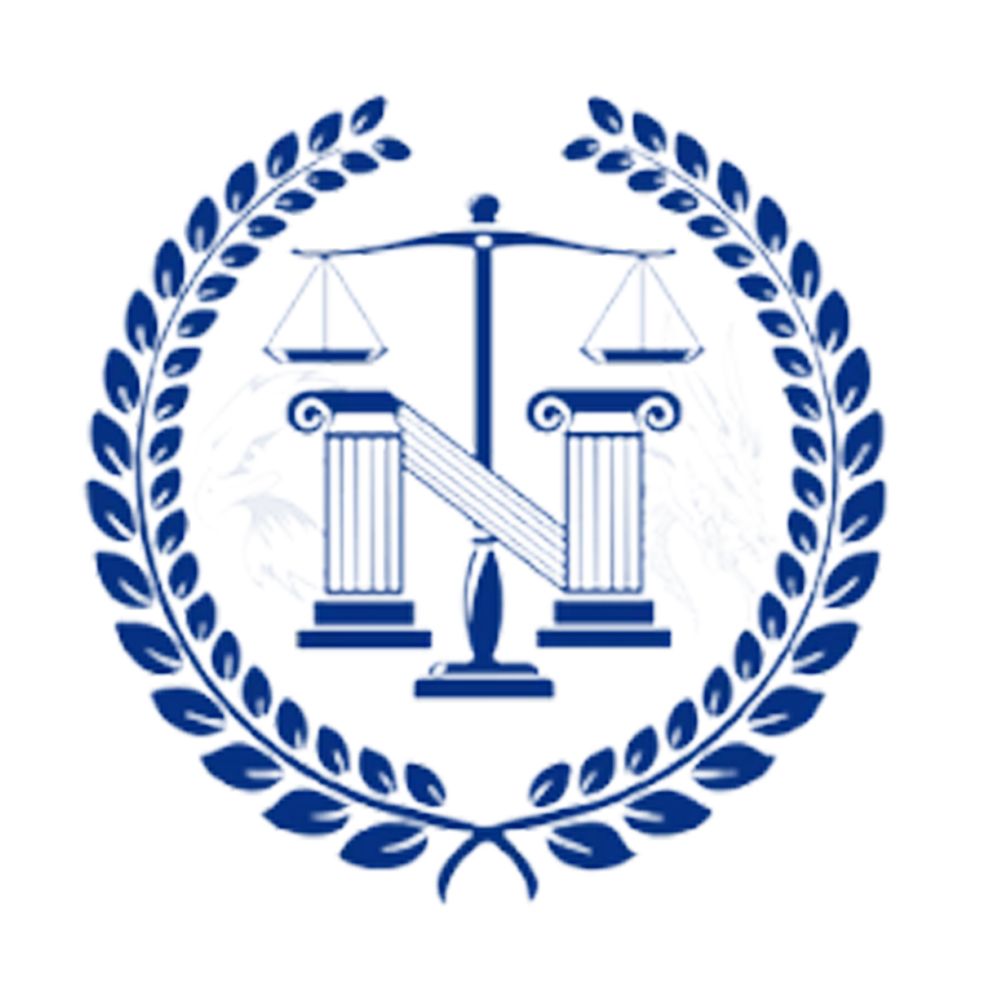 Letter N with scales, laurel wreath, and columns symbolizing justice and law. Professional emblem or legal logo.