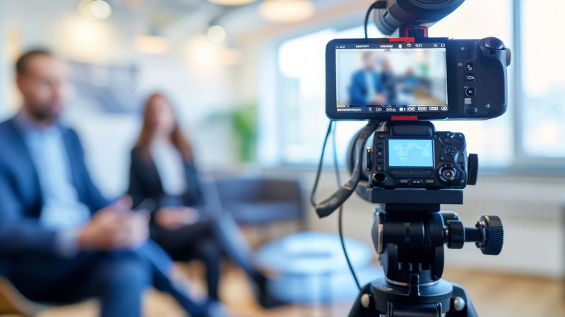 Camera recording interview with two professionals in office setting.