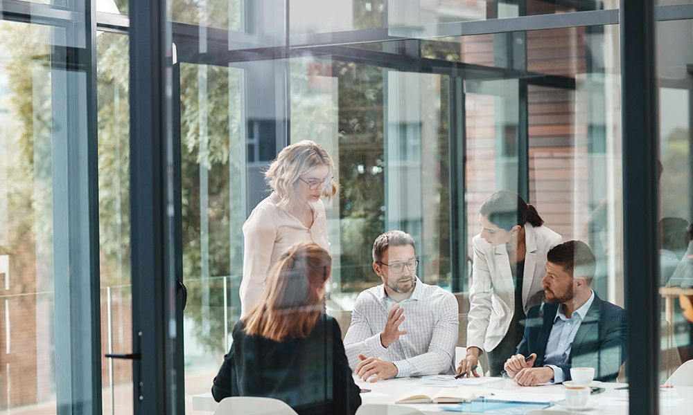 Team collaborating in a modern office meeting room with large windows and bright natural light.