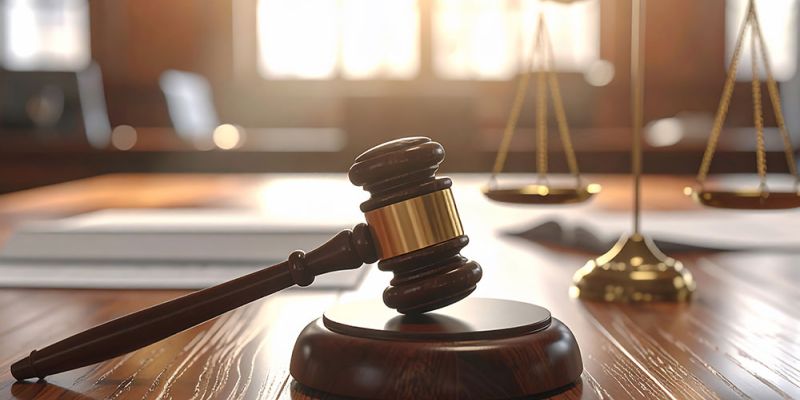 Wooden gavel on judge's table with scales of justice, symbolizing law and judgment in a courtroom setting.