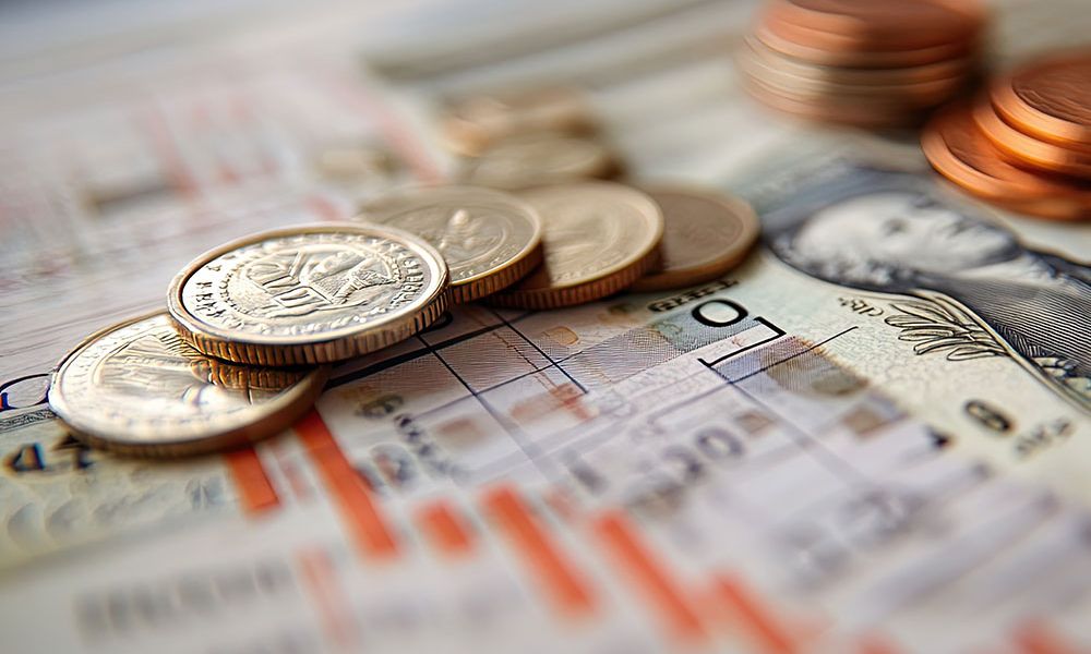 Coins and bills on a financial chart background, representing economic analysis and investment strategy.