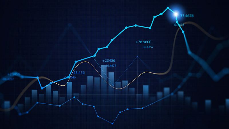 Abstract data visualization with glowing graph lines and numerical data on a dark background.