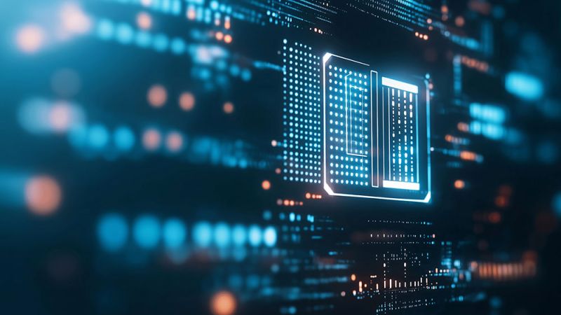 Futuristic digital library concept with glowing data lines and holographic book icon in a high-tech setting.