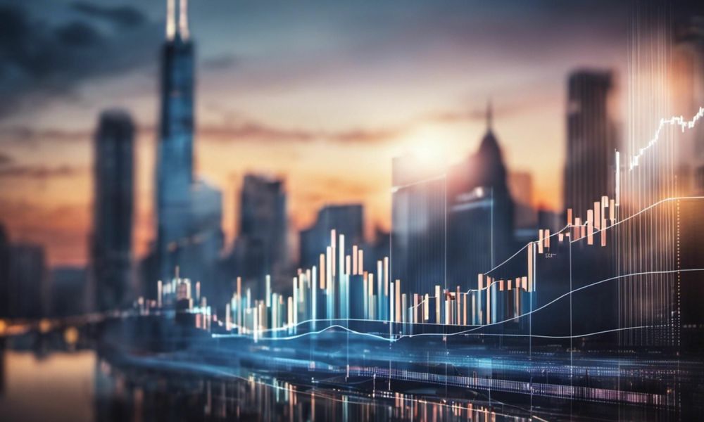 City skyline with glowing stock market chart overlay, symbolizing financial growth and urban development at sunset.