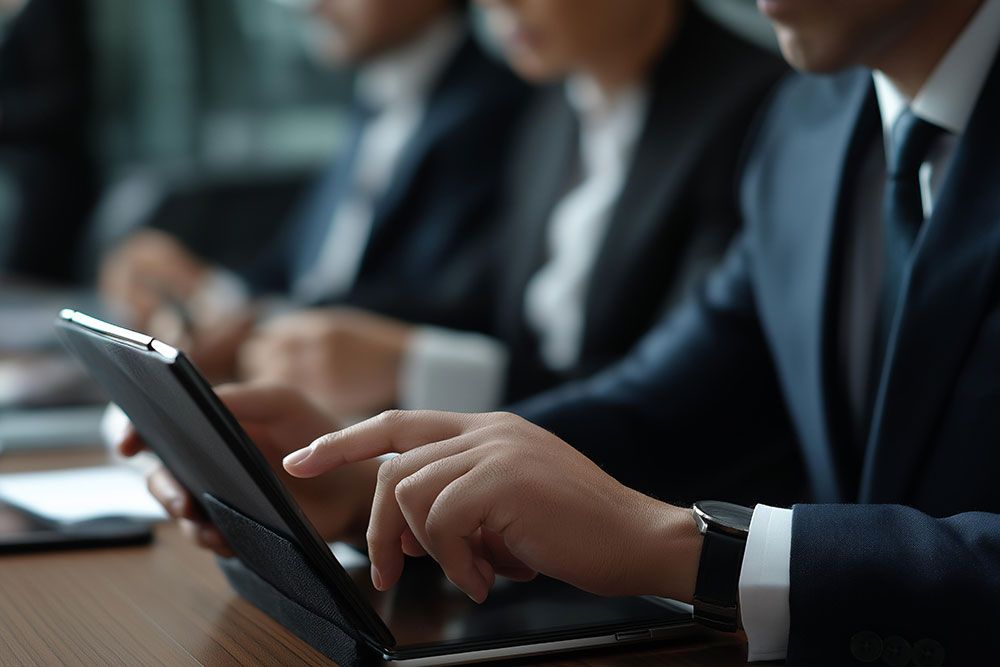 Business professionals using a tablet during a meeting, focusing on digital strategy and collaboration in a modern office.