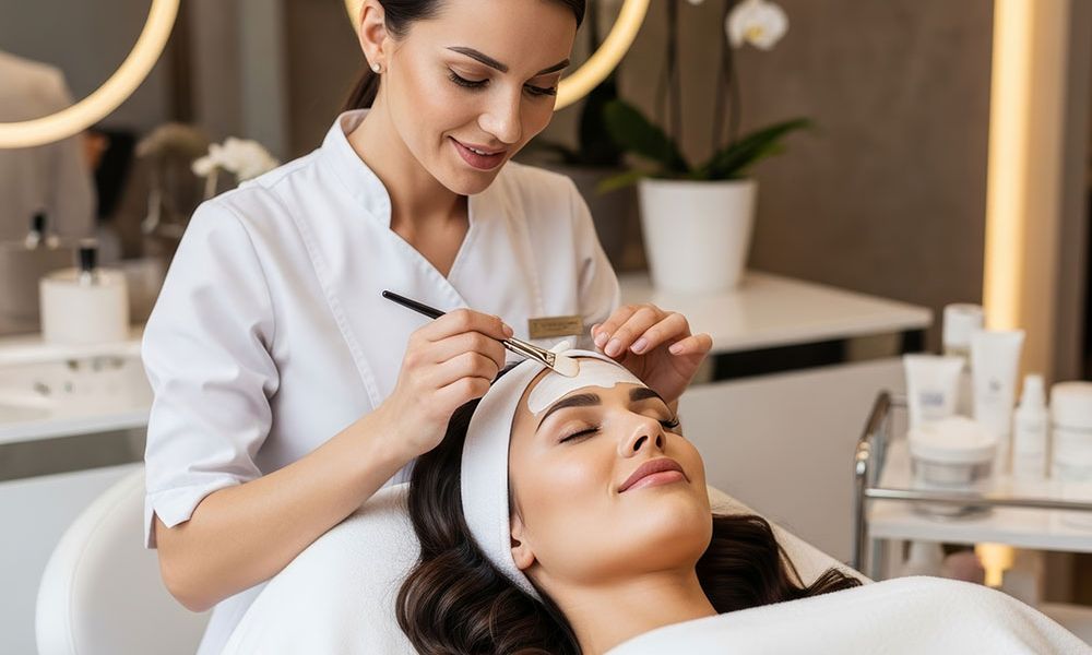 Beautician applying face mask to a relaxed client at a spa, promoting skincare and relaxation services.