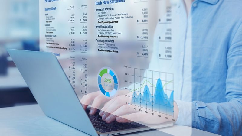 Person analyzing financial data on laptop with balance sheet and graphs.