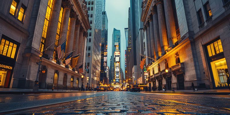 Downtown city street with illuminated buildings and wet cobblestones, flags hanging from columns, and a fading skyline.
