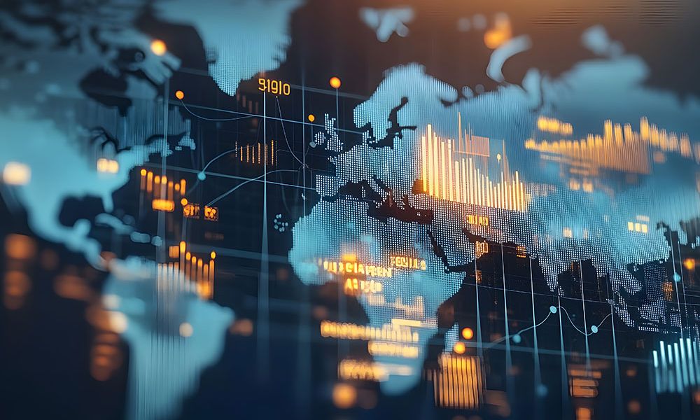Digital world map with data charts and graphs, illustrating global business and technology trends.