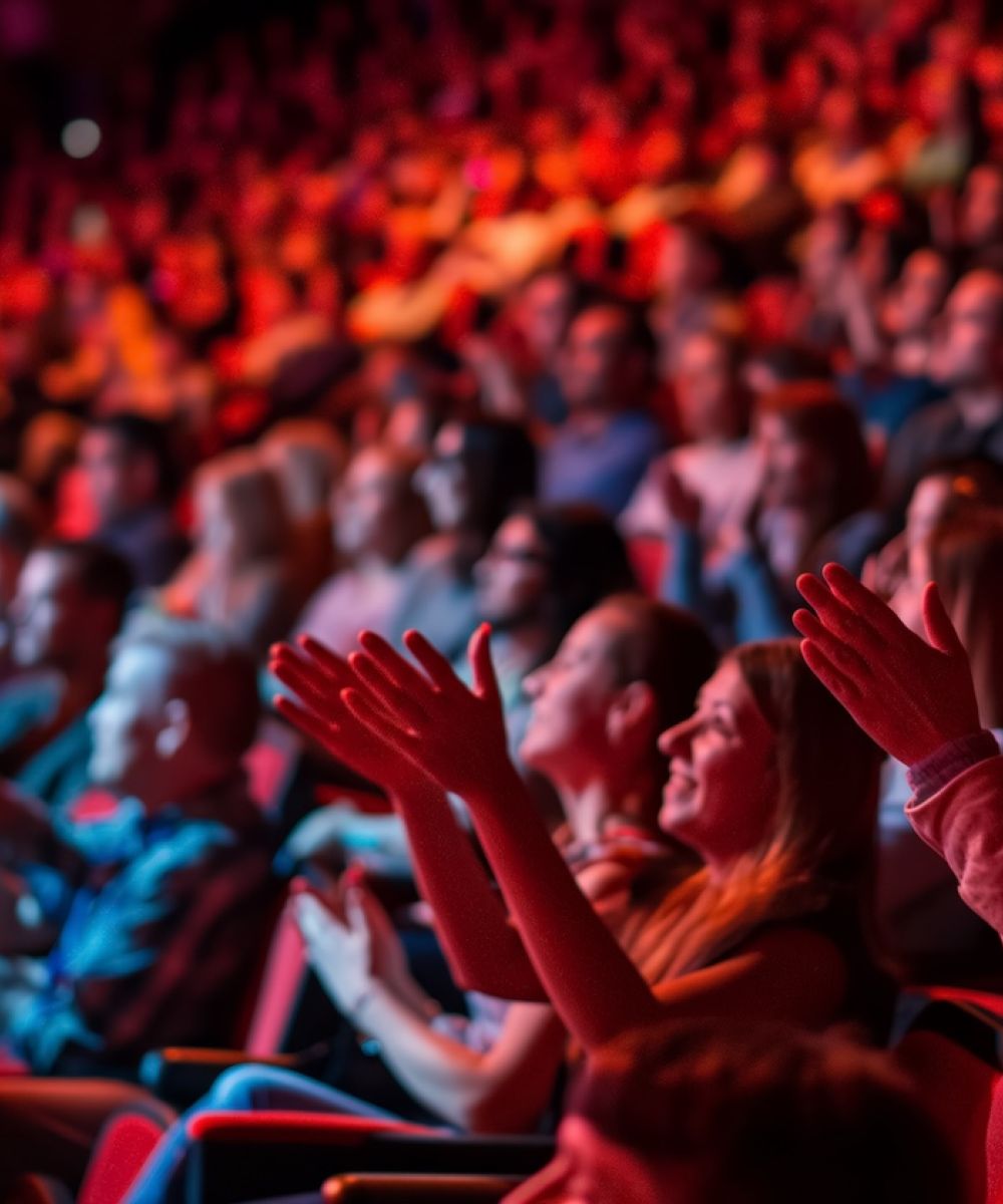 Audience clapping in a packed theater, vibrant red lighting, engaging performance atmosphere.