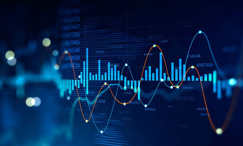 Abstract financial charts with glowing data lines and bar graphs on a blue background, illustrating market trends.