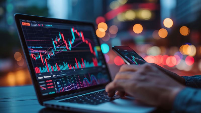 Person analyzing stock market data on a laptop and smartphone in a cityscape setting at night.
