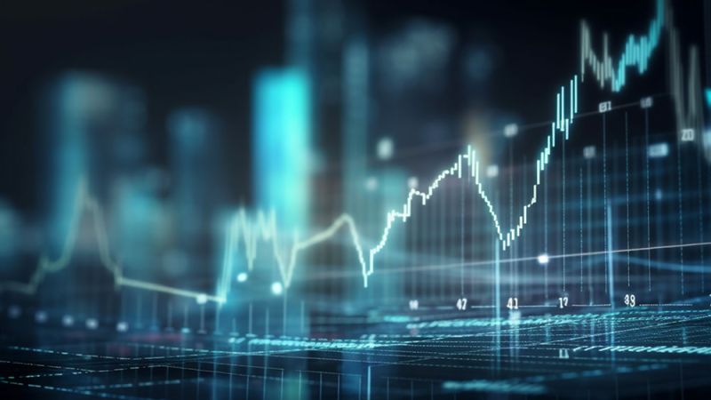 Abstract financial graph on digital screen depicting market trends and data analytics in a futuristic cityscape.