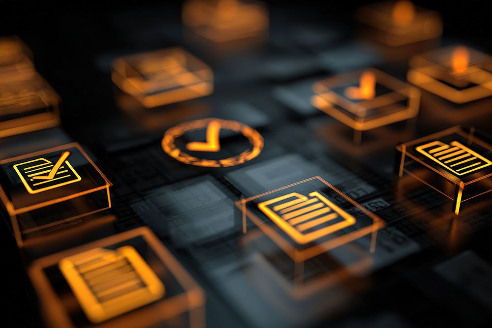 Abstract digital icons and checkmarks glowing in orange, representing document management and approval on a black background.