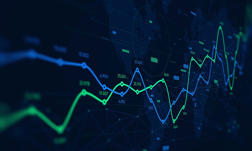 Line graph over a world map representing global financial trends and data analysis.