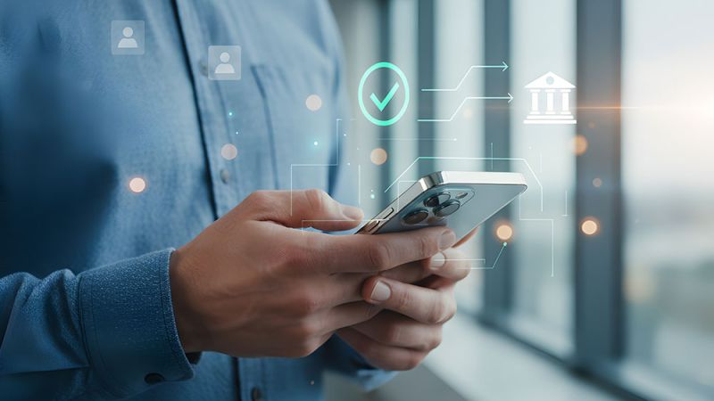 Person using smartphone with digital finance icons, symbolizing secure online banking and mobile transactions.