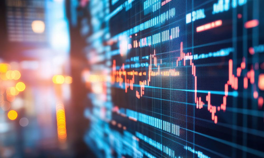 Financial data on a digital screen displaying fluctuating market trends and investment analysis.