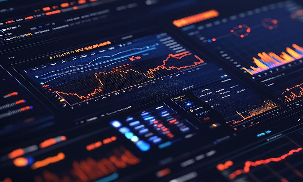 Digital dashboard displaying various data graphs and charts in vibrant colors for analytics and business insights.