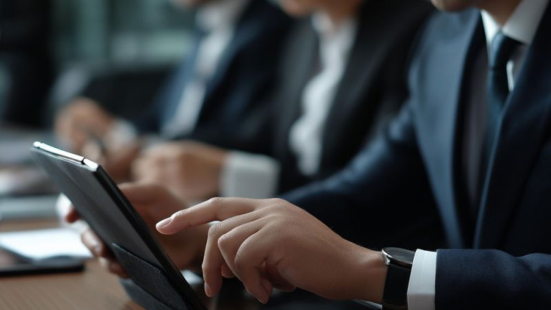 Business professionals using a tablet during a meeting, focusing on digital strategy and collaboration in a modern office.
