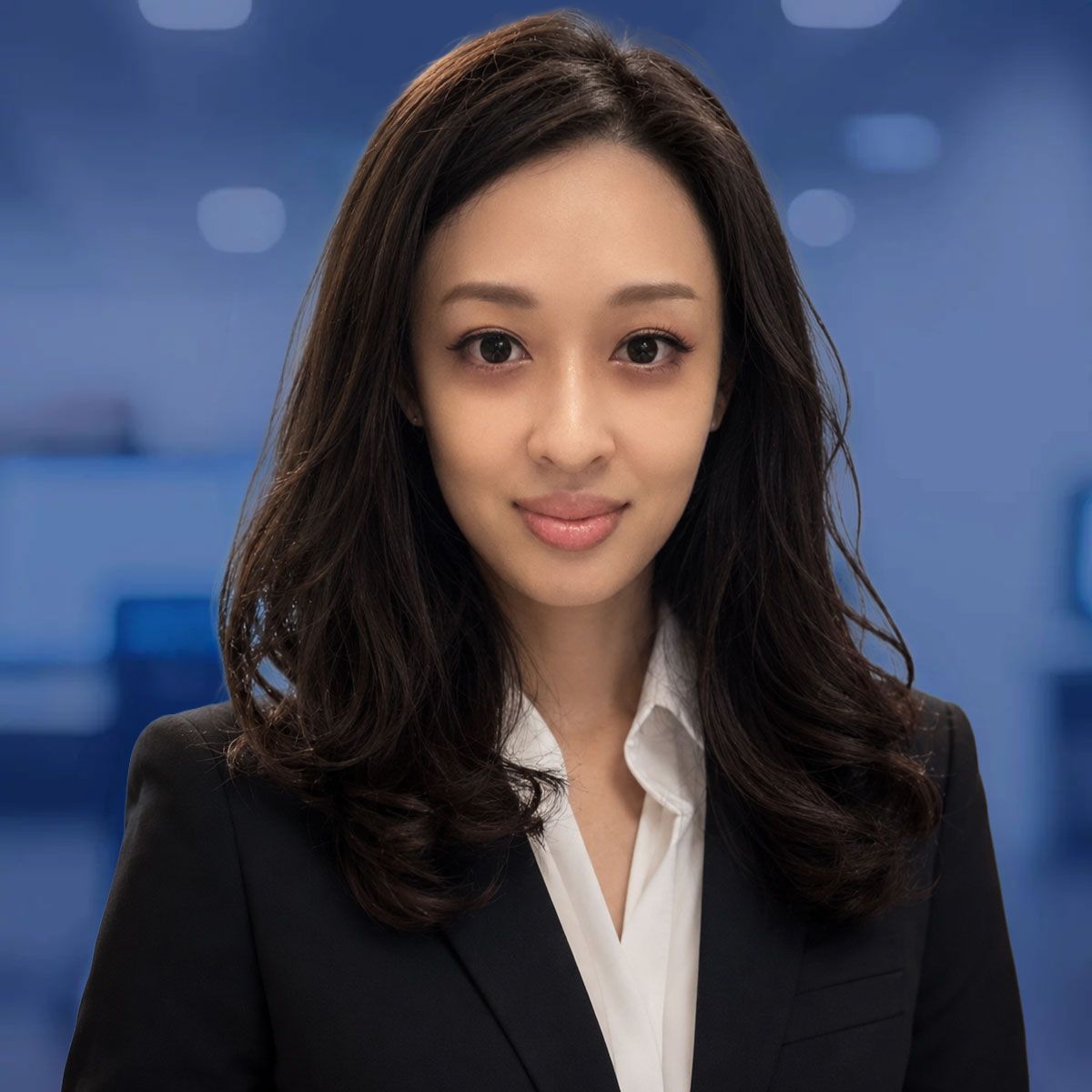 Chien-chien (Anne) Wu in a business suit with long hair, standing confidently in an office setting.