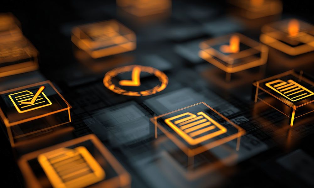 Abstract digital icons and checkmarks glowing in orange, representing document management and approval on a black background.