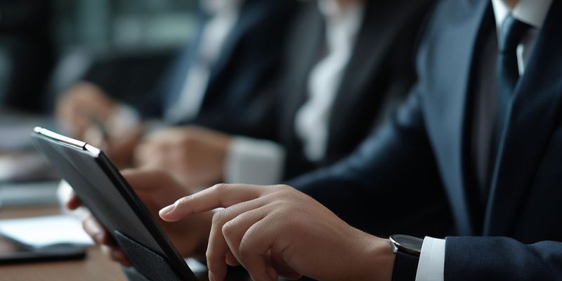 Business professionals using a tablet during a meeting, focusing on digital strategy and collaboration in a modern office.