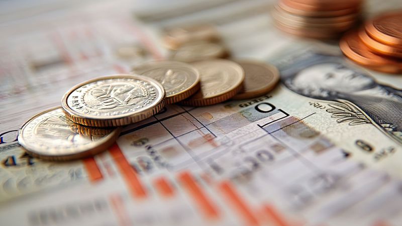 Coins and bills on a financial chart background, representing economic analysis and investment strategy.