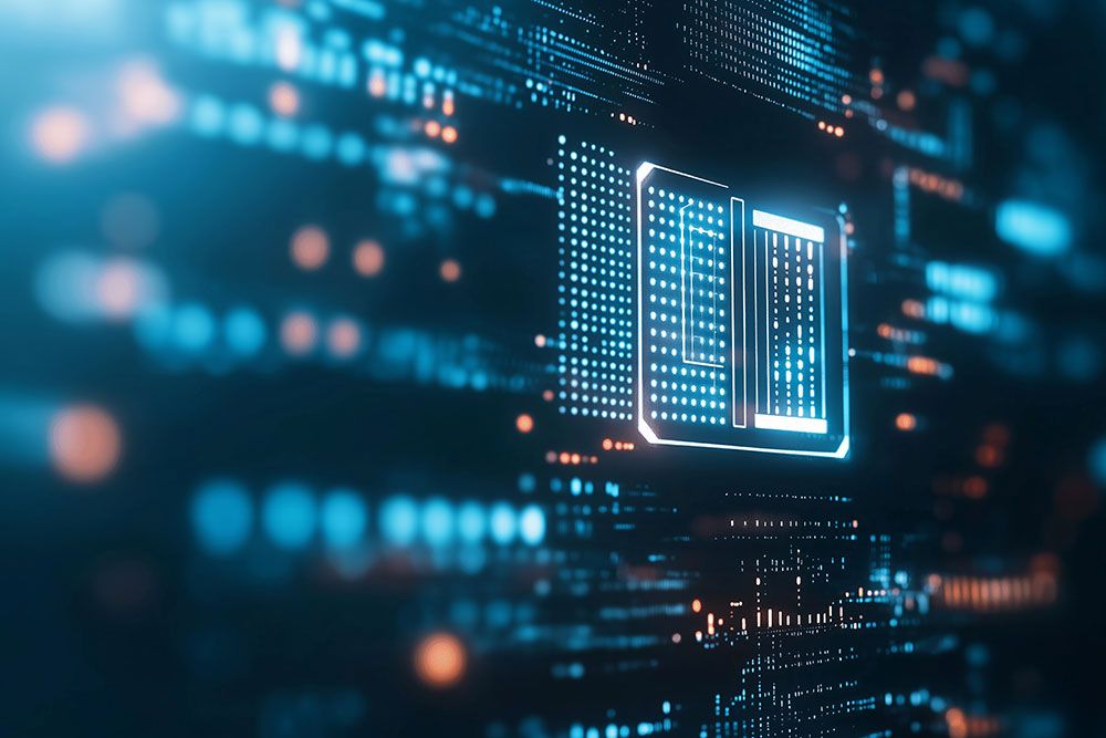 Futuristic digital library concept with glowing data lines and holographic book icon in a high-tech setting.