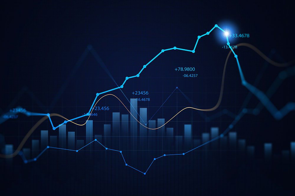 Abstract data visualization with glowing graph lines and numerical data on a dark background.