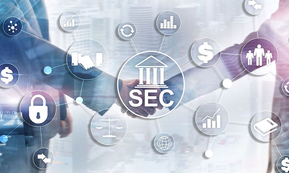 Handshake with SEC icons and business graphics, symbolizing finance, security, and growth in a digital environment.