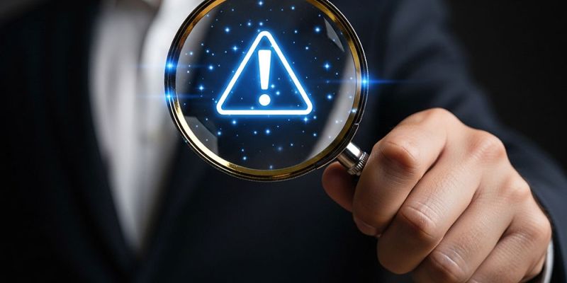 Man holding a magnifying glass with a digital warning sign, symbolizing alert or caution.