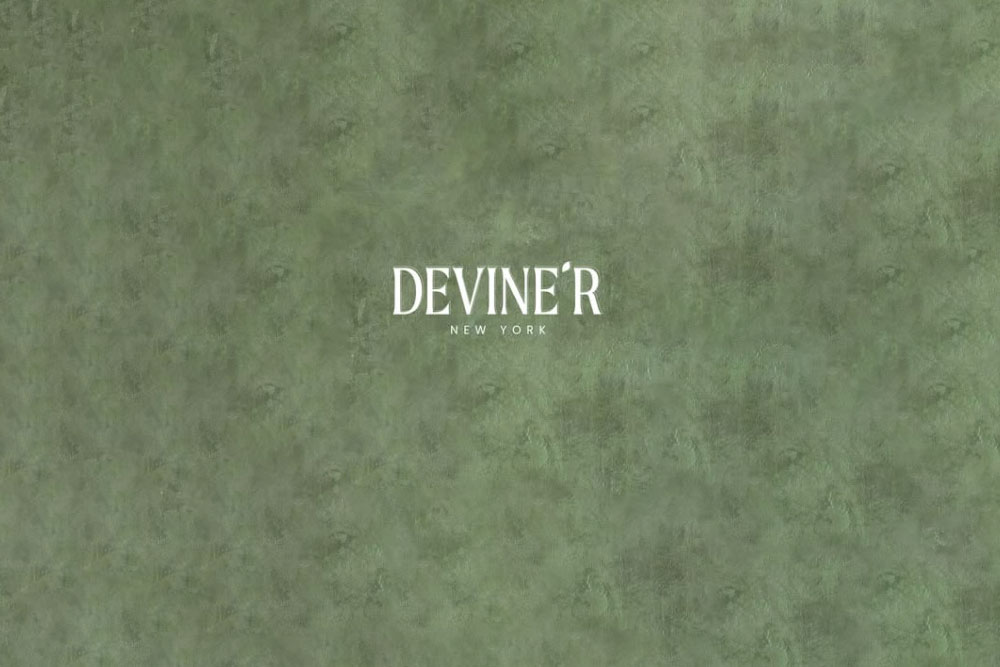 Green textured background with DEVINE'R NEW YORK logo in the center, featuring stylish serif typography.